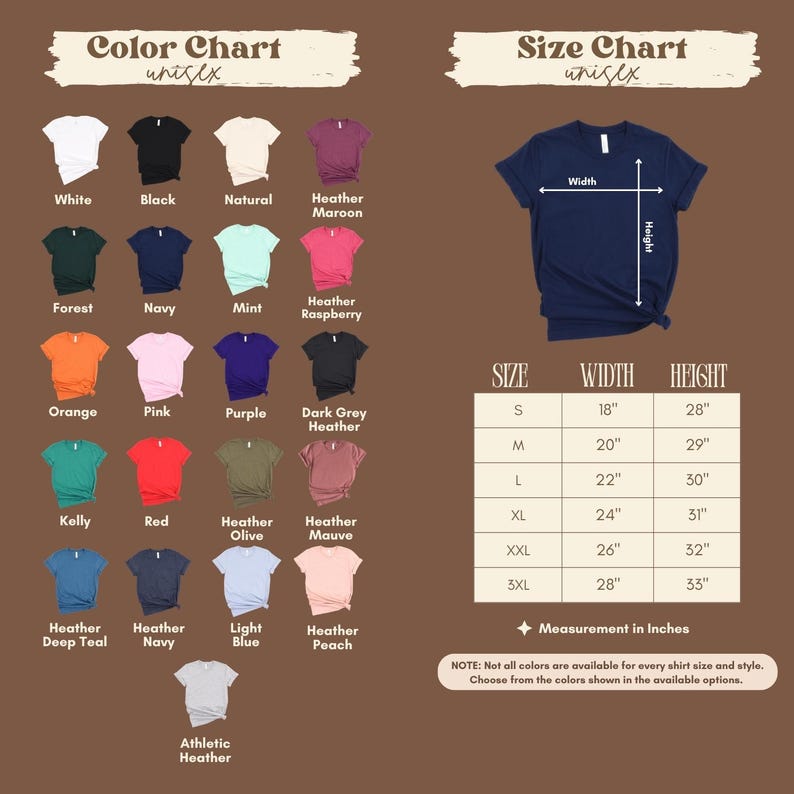 The image is a color chart and size chart for a variety of t-shirt designs, including different colors and sizes. The chart provides a visual representation of the available color options and corresponding measurements for each design.
