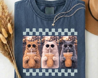 Iced Coffee Cats Tee, Funny Cat Barista Shirt, Cozy Cafe Meme Tshirt, Latte Kitty Checkered Cool Cats Morning Coffee Gift Sweatshirt