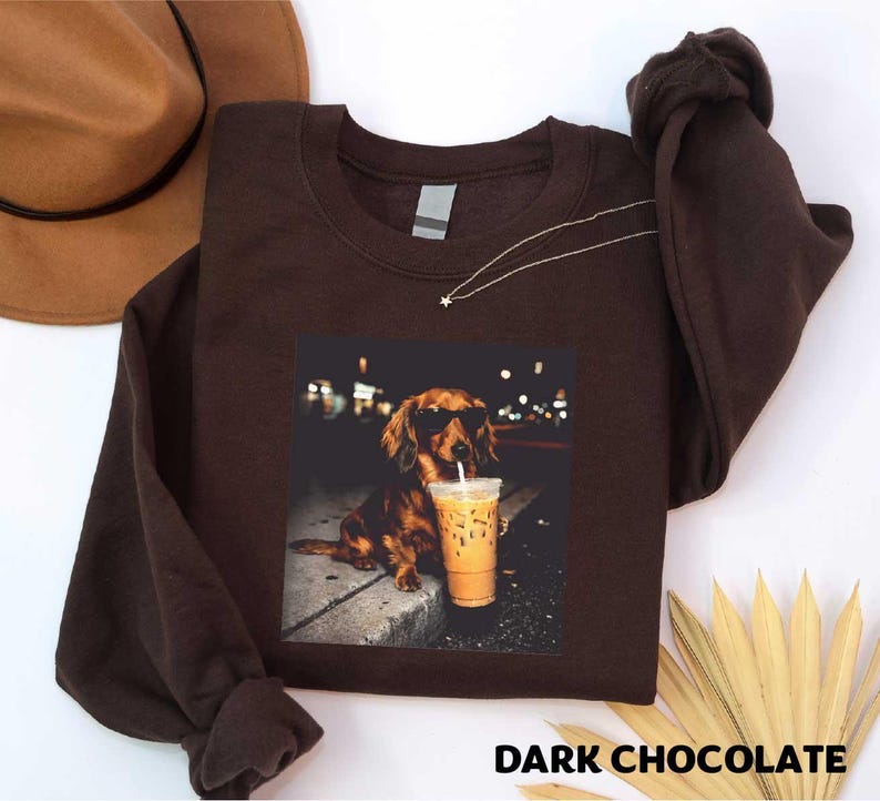 Dachshund Drinking Iced Coffee T-shirt, Vintage Funny Dog Graphic Apparel, Wiener Dog Sweatshirt, Sausage Dog Top, Trendy Dog Unisex Tee image 6