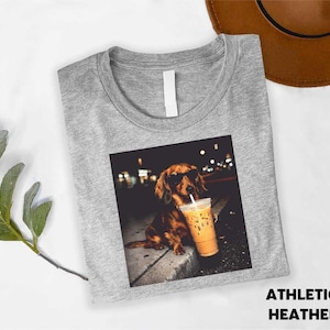 Dachshund Drinking Iced Coffee T-shirt, Vintage Funny Dog Graphic Apparel, Wiener Dog Sweatshirt, Sausage Dog Top, Trendy Dog Unisex Tee image 3