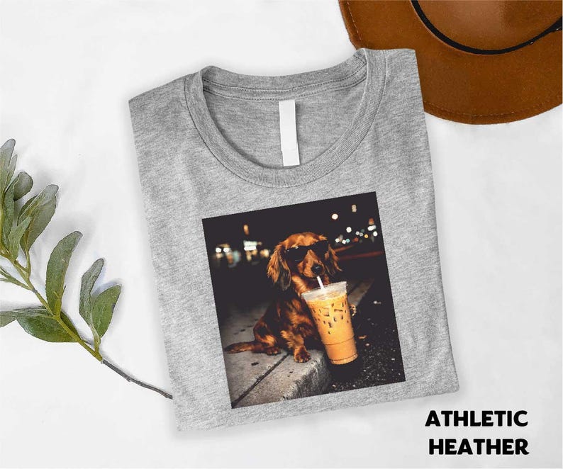 Dachshund Drinking Iced Coffee T-shirt, Vintage Funny Dog Graphic Apparel, Wiener Dog Sweatshirt, Sausage Dog Top, Trendy Dog Unisex Tee image 3
