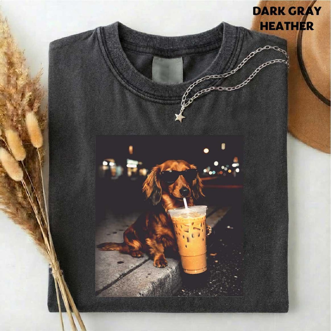 Dachshund Drinking Iced Coffee T-shirt, Vintage Funny Dog Graphic Apparel, Wiener Dog Swea