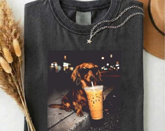 Dachshund Drinking Iced Coffee T-shirt, Vintage Funny Dog Graphic Apparel, Wiener Dog Sweatshirt, Sausage Dog Top, Trendy Dog Unisex Tee
