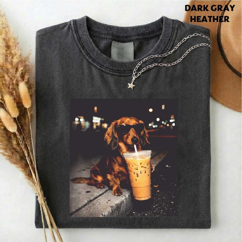 Dachshund Drinking Iced Coffee T-shirt, Vintage Funny Dog Graphic Apparel, Wiener Dog Sweatshirt, Sausage Dog Top, Trendy Dog Unisex Tee image 1