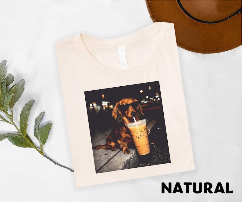 Dachshund Drinking Iced Coffee T-shirt, Vintage Funny Dog Graphic Apparel, Wiener Dog Sweatshirt, Sausage Dog Top, Trendy Dog Unisex Tee image 4