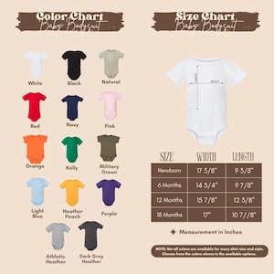 The image is a color chart and size chart for a baby bodysuit, displaying various color options and corresponding measurements.