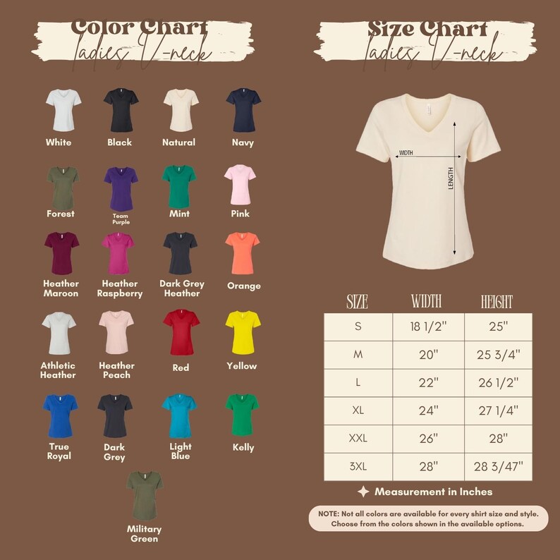 The image is a color chart for ladies' V-neck tops, displaying various color options and corresponding measurements in inches.
