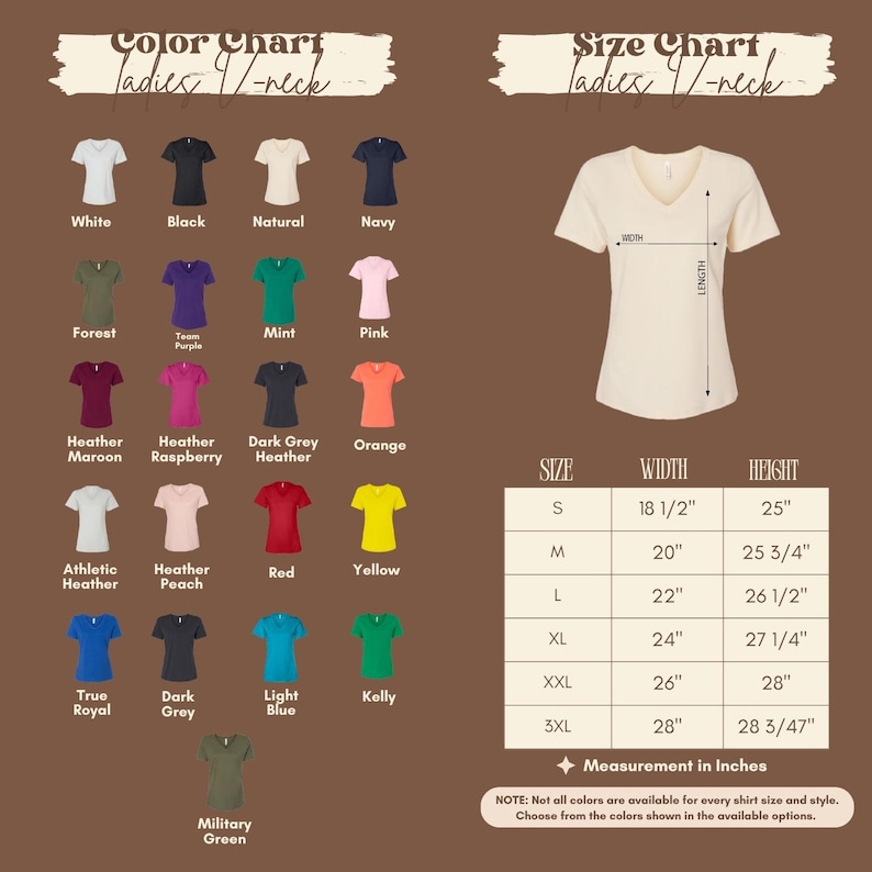 The image is a color chart for ladies' V-neck tops, displaying various color options and corresponding measurements in inches.