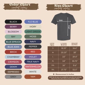 The image is a color chart and size chart for a t-shirt, providing a visual representation of different color options and corresponding measurements.