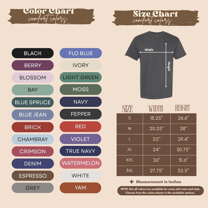 The image is a color chart and size chart for a t-shirt, providing a visual representation of different color options and corresponding measurements.