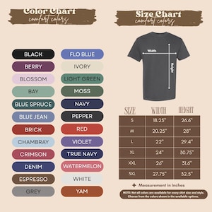 The image is a color chart and size chart for a t-shirt, providing a visual representation of different color options and corresponding measurements.