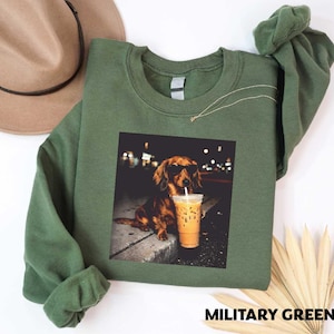 Dachshund Drinking Iced Coffee T-shirt, Vintage Funny Dog Graphic Apparel, Wiener Dog Sweatshirt, Sausage Dog Top, Trendy Dog Unisex Tee image 5