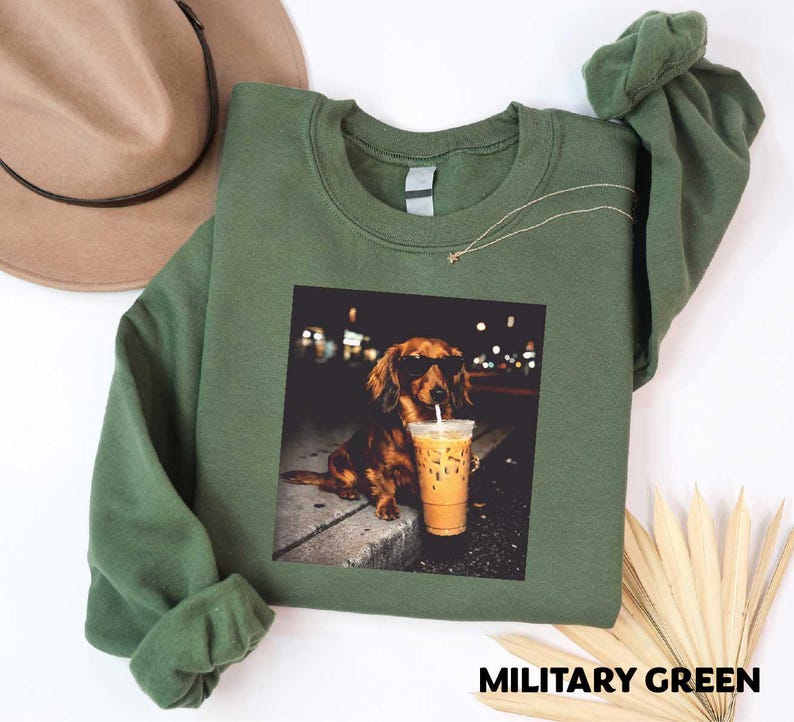Dachshund Drinking Iced Coffee T-shirt, Vintage Funny Dog Graphic Apparel, Wiener Dog Sweatshirt, Sausage Dog Top, Trendy Dog Unisex Tee image 5