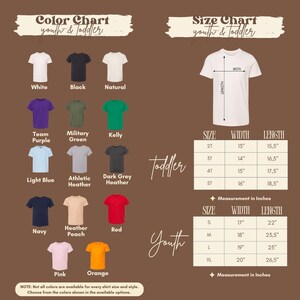The image is a color chart and size chart for youth and toddler clothing, displaying various shirt colors and corresponding measurements for different age groups.