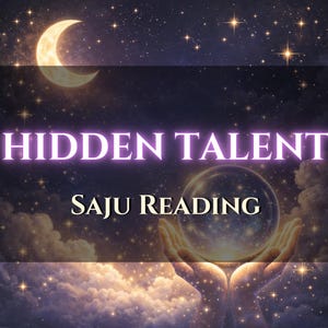 Puede incluir: Imagen digital artística con un cielo nocturno, una luna creciente y estrellas. Las palabras "HIDDEN TALENT" están en una fuente púrpura brillante, con "SAJU READING" debajo. Una bola de cristal es sostenida en manos ahuecadas.