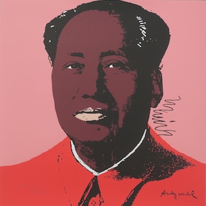 May include: A red and black portrait of Mao Zedong, a prominent figure in Chinese history, against a pink background. The artwork is signed "Andy Warhol" in the bottom right corner.