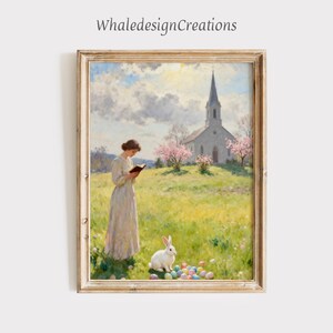 Religiös påskväggkonst, vårkyrkamålning, kvinnaläsning, vintage påskharedekor, kristen Cottagecore-affisch, utskrivbar