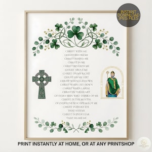 May include: A framed print with a poem, a Celtic cross, and a depiction of Saint Patrick. The artwork includes green shamrocks and a figure in green robes. The text reads "Christ With Me" and is available as instant download JPEG files.
