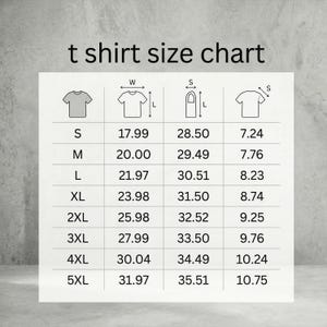 May include: A white chart with the text "t shirt size chart" at the top. The chart shows t-shirt size measurements in inches for sizes S through 5XL. The chart includes measurements for width, length, and sleeve length.