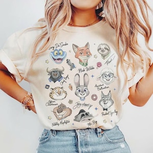 Comfort Colors Disney Zootopia Characters Signature Sketch T-Shirt , Cute Animal Character Tee , Disney Trip Outfits. image 1