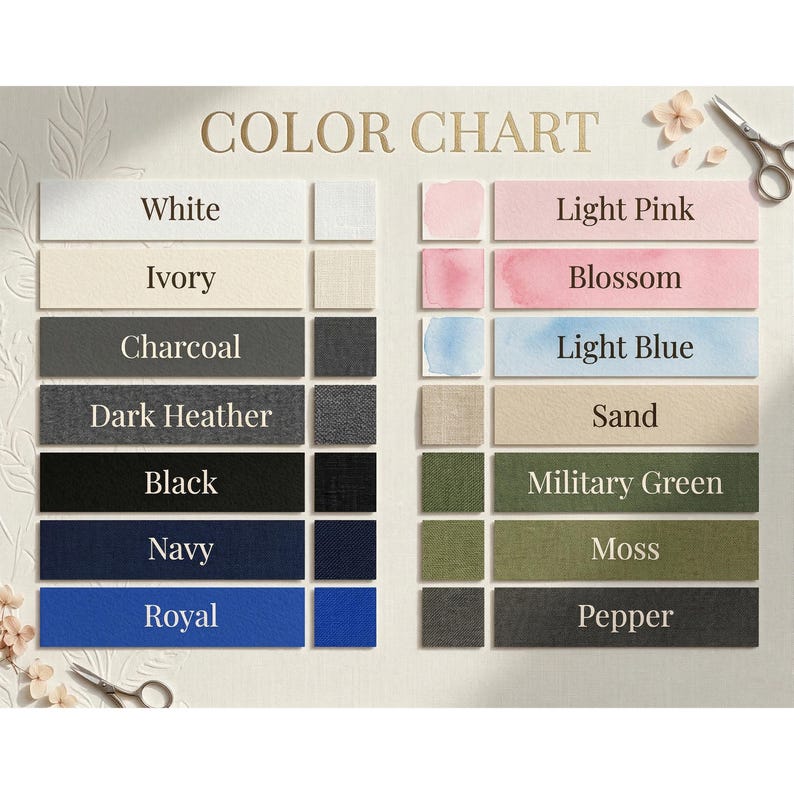 Op de afbeelding: Een kleurenkaart met de tekst "COLOR CHART" bovenaan. De kaart toont kleurstalen met bijbehorende namen zoals "White", "Ivory", "Charcoal", "Black", "Navy", "Royal", "Light Pink", "Blossom", "Light Blue", "Sand", "Military Green", "Moss" en "Pepper".