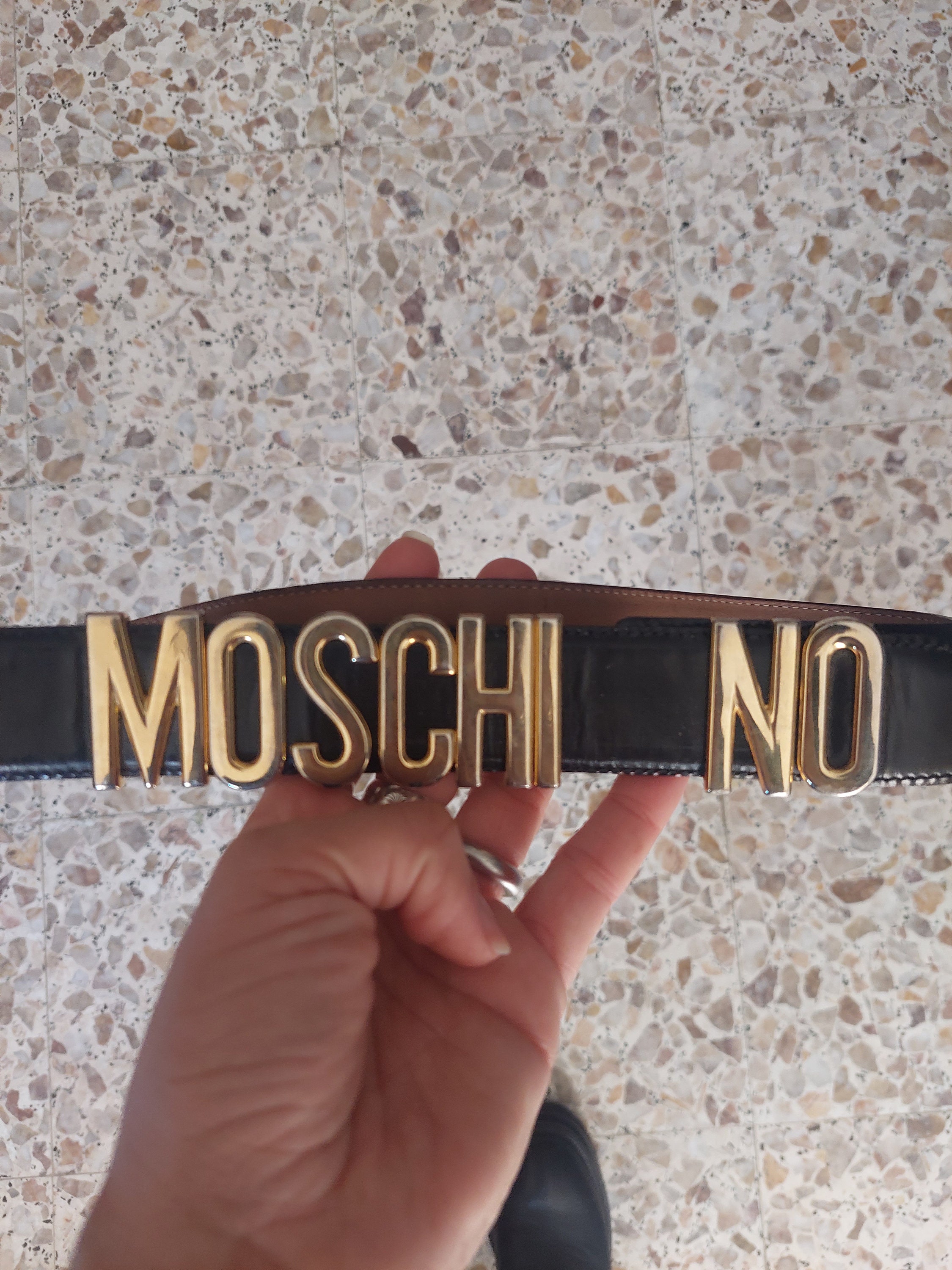 Vintage 90s Authentic MOSCHINO Black Leather belt with Gold Lettering |