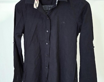 Vintage BURBERRY London Women&#39;s 100% Cotton Black Shirt | Rare | Collectible | Blouse | Top | Chequered | Button Down | Designer