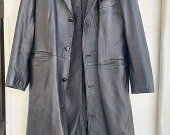 Vintage Men's Size M Real Leather Long Black Jacket Coat Overcoat