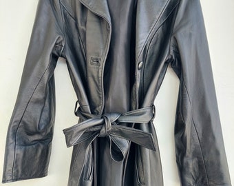 Vintage Long Women's Size S Black Real Leather Belted Jacket Coat