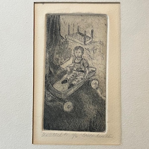May include: A black and white etching of a child in a wagon. The child is seated in the wagon, which has four wheels. The background includes a tree and a small table. The artwork is titled "Untitled" and signed "Grace Smith".