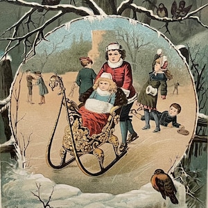 May include: Vintage winter scene print featuring children ice skating and playing in the snow. A child is seated in a decorative sleigh. The print has a purple border and is framed in a gold-colored frame. Birds perch on snow-covered branches.