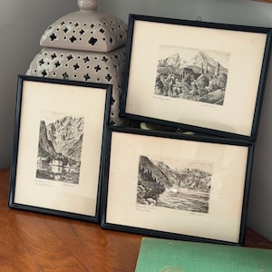 Vintage German Landscape Etchings Framed Set of 3, T. Kerner Signed Original Radierung, Berchtesgaden Bavaria, Königssee & St Bartholomew