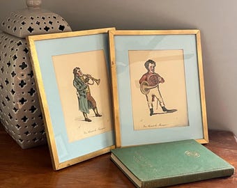 Set of 2 Antique 1820s French Caricature Lithographs – En Avant la Musique! – Hand-Colored Street Musicians – No. 5 and 7 –Framed and Matted