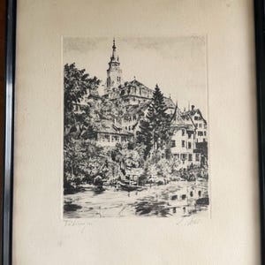 Vintage Signed German Etching of Tübingen - Original Mid-Century Architectural Fine Art Print