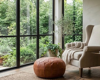 Moroccan Leather Pouf – Handcrafted Sun-Warmed Caramel | Burnished Cognac Cowhide Ottoman