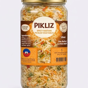 May include: A clear glass jar filled with Spicy Haitian Pickled Vegetables, labeled "PIKLIZ." The jar contains a mix of colorful vegetables, including cabbage, carrots, and peppers. The label indicates a 16oz size and a "Use Before" date.