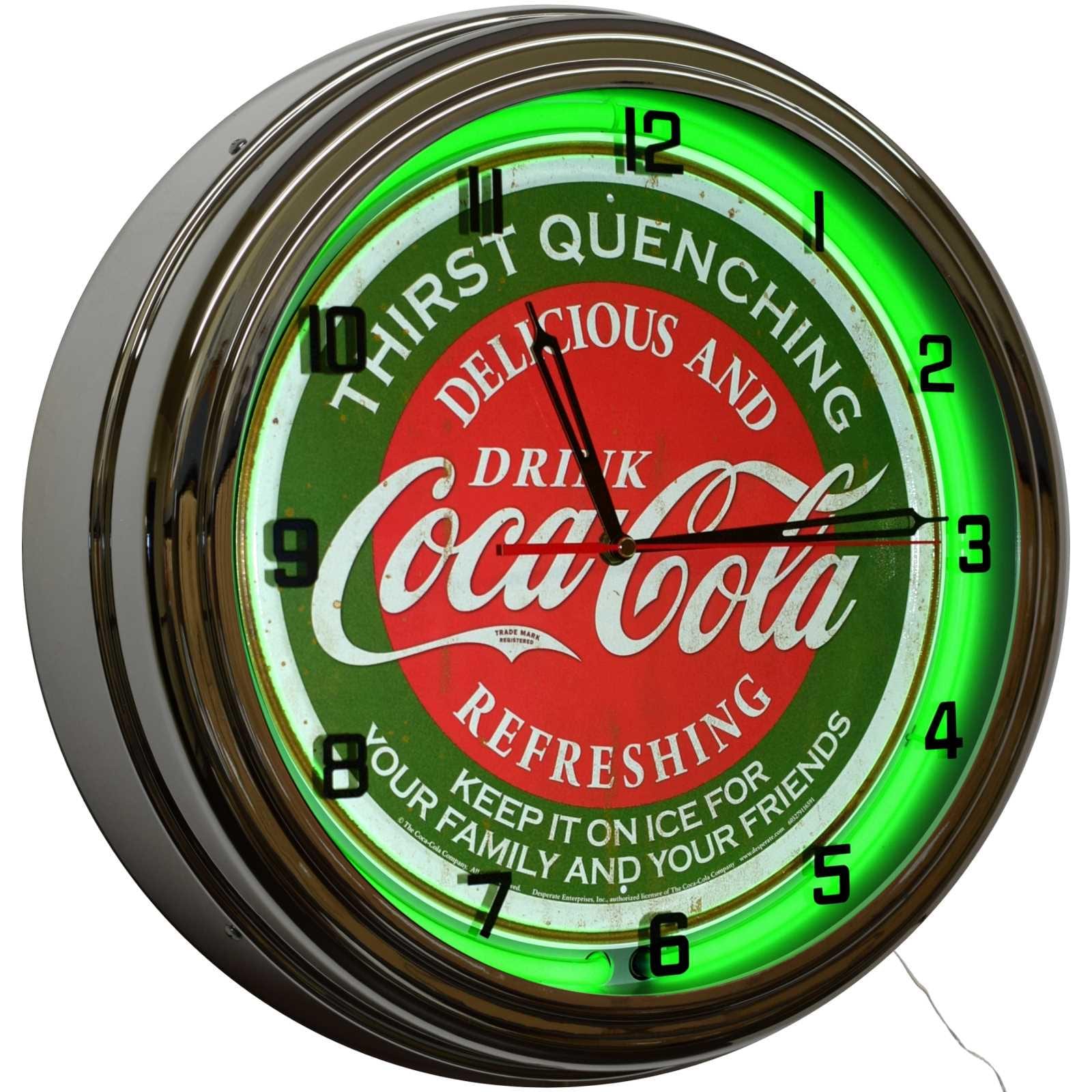Coca Cola Evergreen Orologio Da Parete Al Neon, Stile Art Déco Con Anello Luminoso Verde, Vetro Soffiato A Mano E Finitura Cromata, 38x15x3 Cm, Alimentazione Inclusa - 2