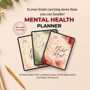 Könnte beinhalten: Ein Mental Health Planer mit drei digitalen Covern, die abstrakte Aquarellmotive und Strichzeichnungen von Gesichtern zeigen. Text: Is your brain carrying more than you can handle? MENTAL HEALTH PLANNER, 72 Pages/3 Themes, HYPERLINKED PDF. A4|A5|US Letter.