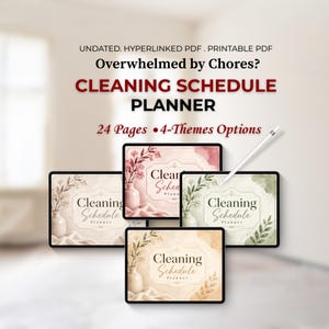 Op de afbeelding: Een digitale schoonmaakplanner met 24 pagina's en 4 thema-opties. De weergave toont vier tabletschermen met bloemillustraties, vazen en de tekst Cleaning Schedule Planner. Een witte stylus rust op een van de schermen.