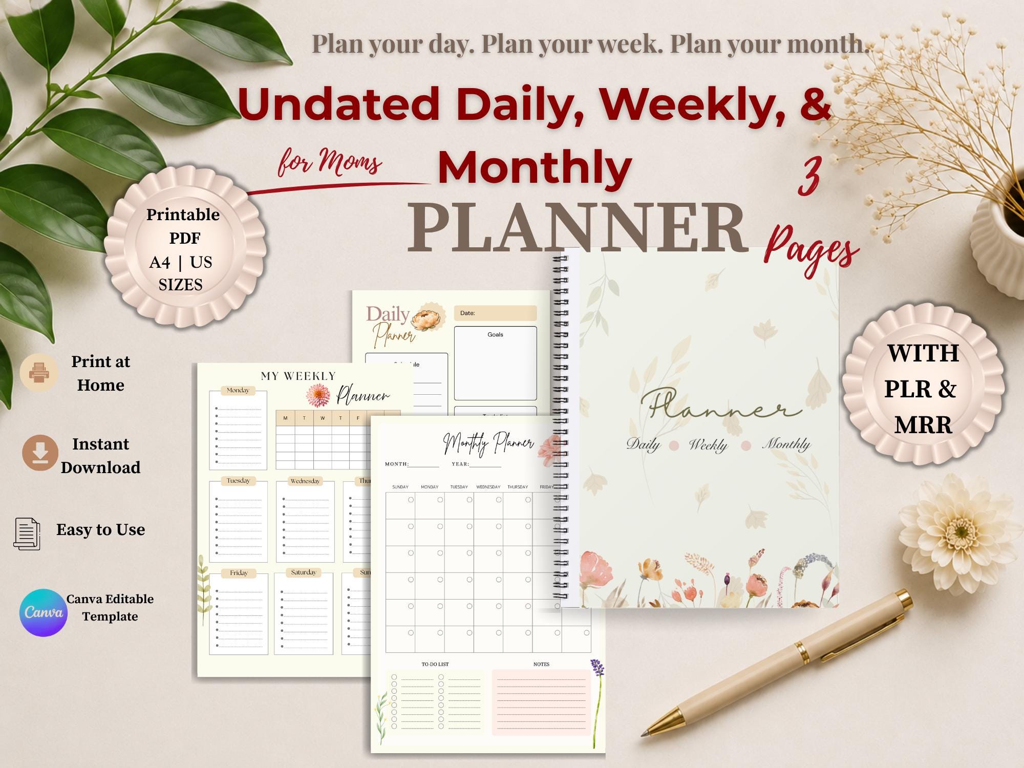 Daily Weekly Monthly Planner Printable, Minimalist Organizer for ...