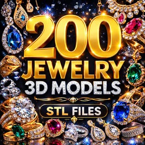 Puede incluir: Una imagen promocional que presenta una colección de joyas, incluyendo anillos, pendientes y colgantes, adornados con diversas piedras preciosas. El texto "200 JEWELRY 3D MODELS STL FILES" se muestra en oro y blanco. El fondo es oscuro con efectos brillantes.