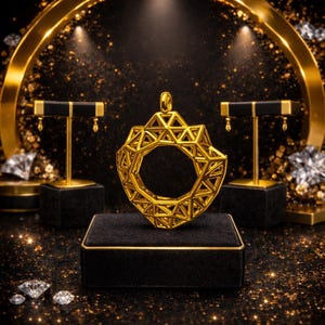 Peut inclure: Un pendentif en or au design g&eacute;om&eacute;trique, pr&eacute;sent&eacute; sur un coffret en velours noir. Le pendentif a une forme circulaire avec un motif triangulaire complexe. Deux pr&eacute;sentoirs de boucles d'oreilles assortis sont en arri&egrave;re-plan, avec des diamants dispers&eacute;s.