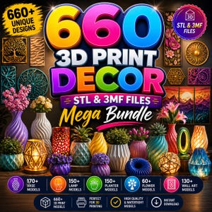 660 3D-utskriftsdekorationer STL & 3MF Mega Bundle | Vaser Lampor Krukor Väggkonst Blommor Modeller Utskrivbara Filer | Direkt Nedladdning, Kommersiellt Bruk