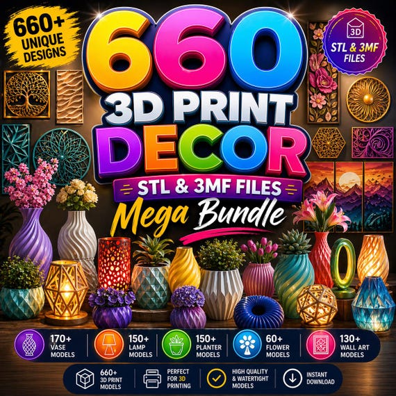 660 3D Print Decor STL & 3MF Mega Bundle | Vases Lamps Planters Wall Art Flowers Models Printable Files | Instant Download, Commercial Use