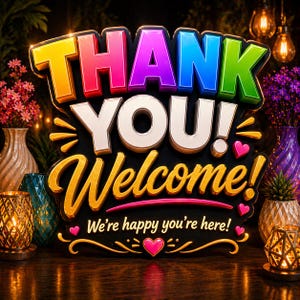 K&ouml;nnte beinhalten: Ein dekoratives Schild mit den Worten "THANK YOU! Welcome!" in leuchtenden Farben. Das Schild hat einen schwarzen Hintergrund mit goldenen und rosa Akzenten, und der Satz "We're happy you're here!" ist ebenfalls enthalten.