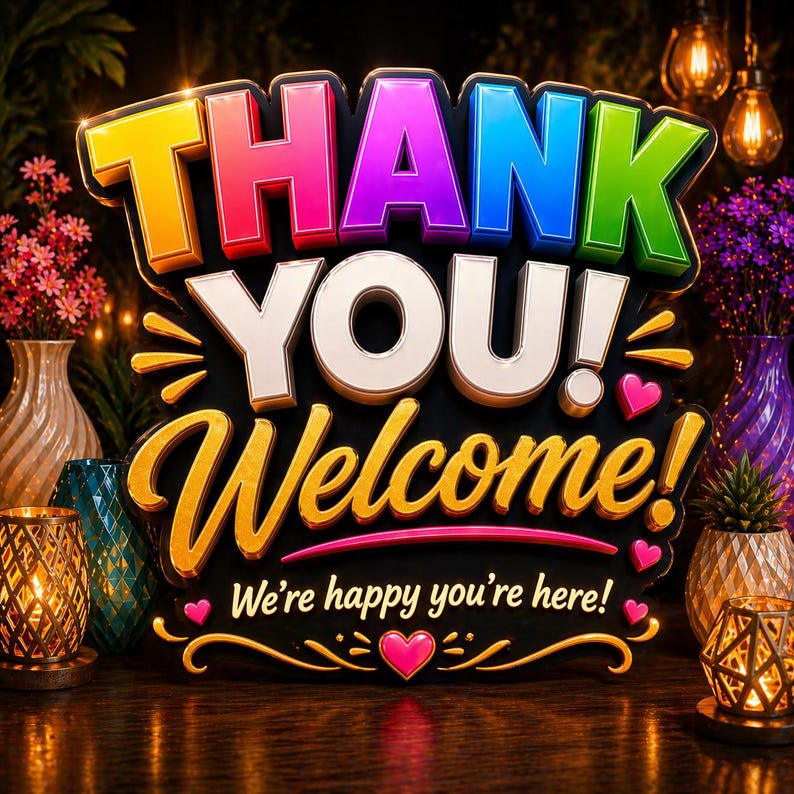 K&ouml;nnte beinhalten: Ein dekoratives Schild mit den Worten "THANK YOU! Welcome!" in leuchtenden Farben. Das Schild hat einen schwarzen Hintergrund mit goldenen und rosa Akzenten, und der Satz "We're happy you're here!" ist ebenfalls enthalten.