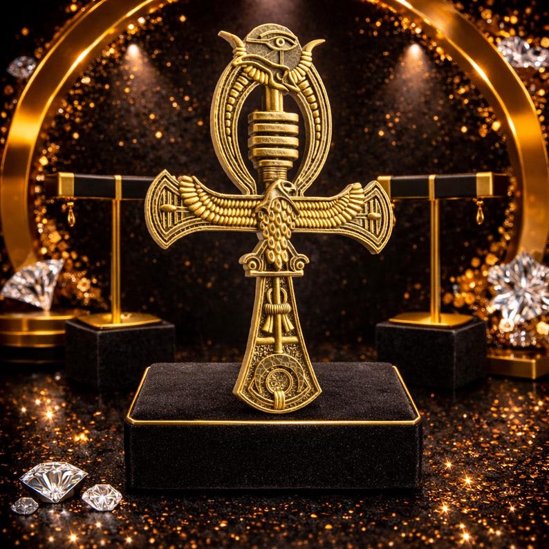 Peut inclure: Un pendentif Ankh dor&eacute;, ancien symbole &eacute;gyptien de la vie, est pr&eacute;sent&eacute; sur un pi&eacute;destal en velours noir. L'Ankh pr&eacute;sente des d&eacute;tails complexes, dont un &oelig;il, des ailes et des motifs hi&eacute;roglyphiques. L'arri&egrave;re-plan est une sc&egrave;ne sombre et scintillante.