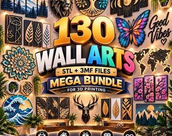 Puede incluir: Una colección digital de 130 diseños de arte mural para impresión 3D, incluyendo archivos STL y 3MF. La imagen muestra varios objetos decorativos como una cabeza de león, un árbol de la vida, una mariposa, un mapamundi y paisajes de montaña.