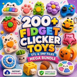 Puede incluir: Una colección de coloridos juguetes fidget clicker en varias formas, incluyendo un teclado, una pata, un dinosaurio, una flor, un mando de juego, una fresa, un gato, una abeja, una estrella, una calabaza, una suculenta, queso, una bellota y una rueda. La imagen incluye el texto "200+ FIDGET CLICKER TOYS MEGA BUNDLE".