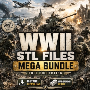 Peut inclure: Illustration numérique promouvant un méga pack de fichiers STL de la Seconde Guerre mondiale. L'image présente un char, des soldats et des avions dans une scène de bataille. Le texte comprend "WWII STL FILES MEGA BUNDLE" et "Téléchargement instantané".